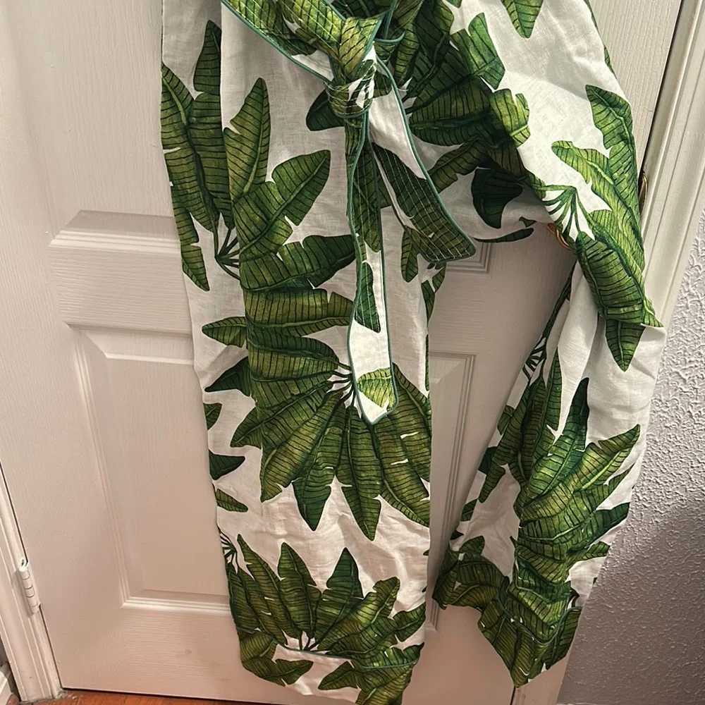 FARM Rio Tropical Green Leaf Jumpsuit, Palm Fan Linen Wide-Leg Has 2 side pocket - Picture 5 of 12